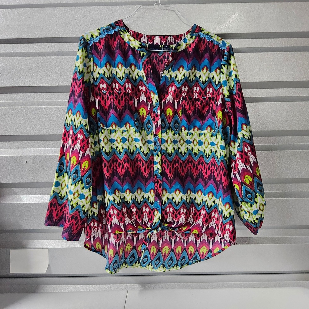 Westbound Woman Blouse Button Down Long Sleeve Colorful Print‎ Top 1X